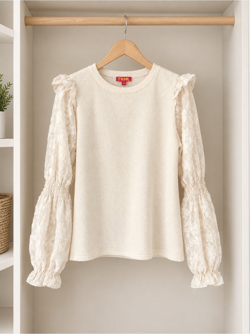 THML Ivory Puff-Sleeve Knit Top Medium NWT